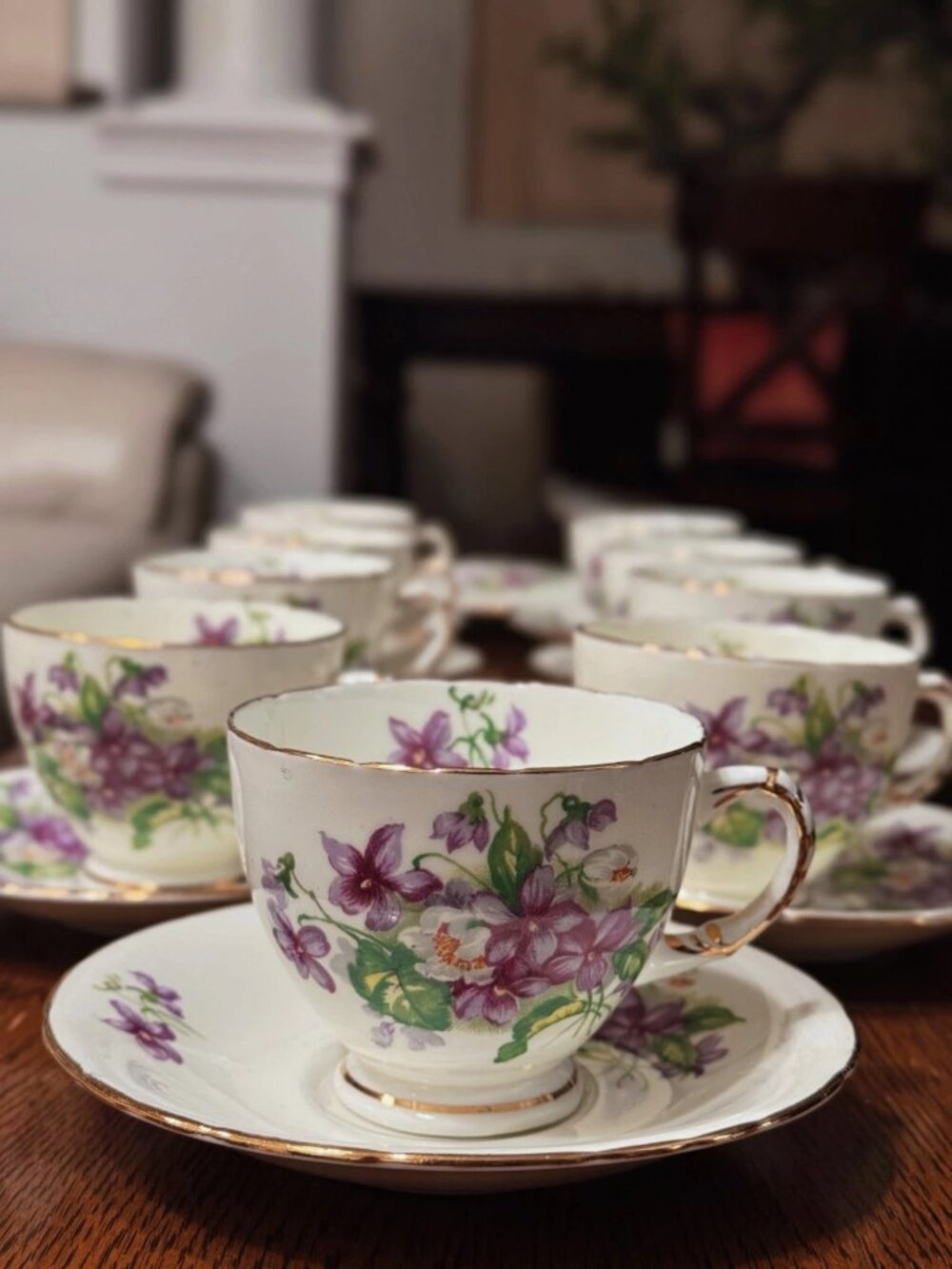 Sutherland Devon Violets Fine Bone China Teacup Saucer Gold Trim England Vintage